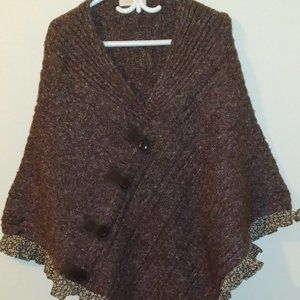 Warm and Cozy Wool blend Poncho with Cotton Flower Print Trim, By ORANGE